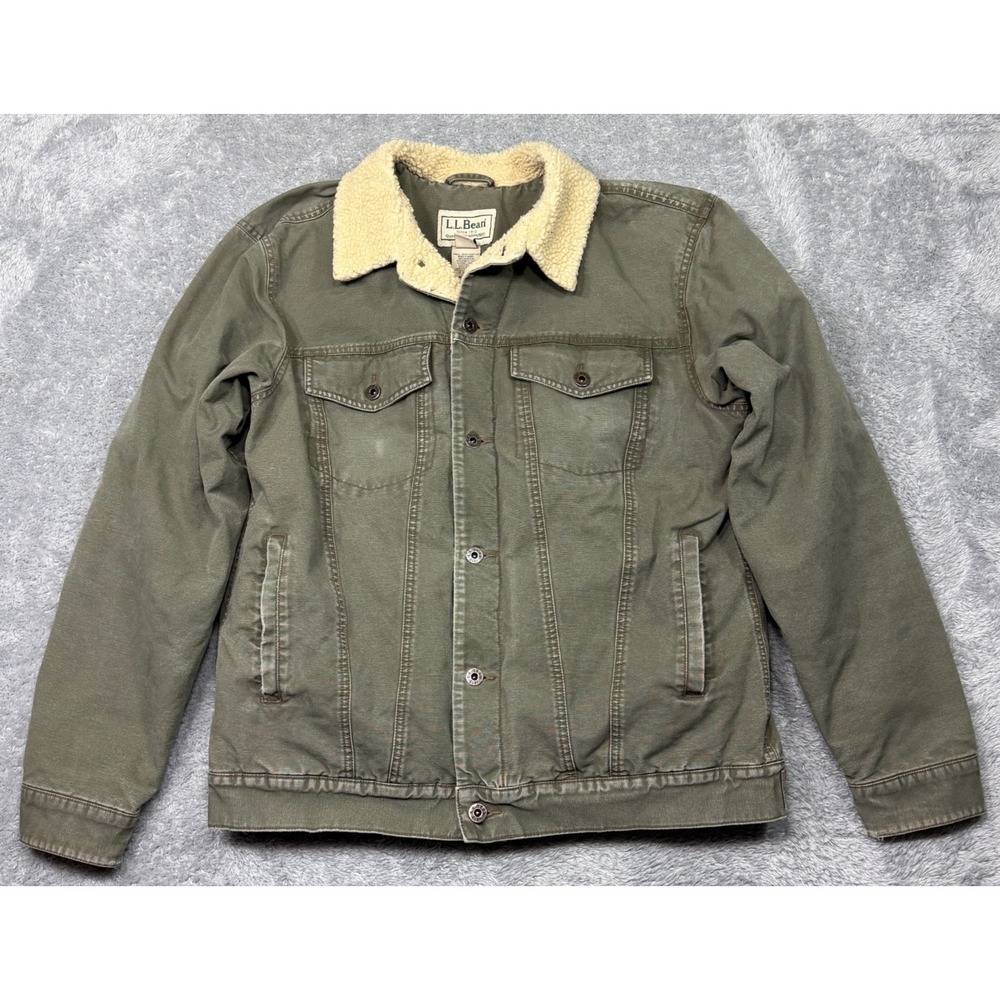 Vintage LL Bean Trucker Jacket Mens M Green Sherpa Lined Canvas Y2K
